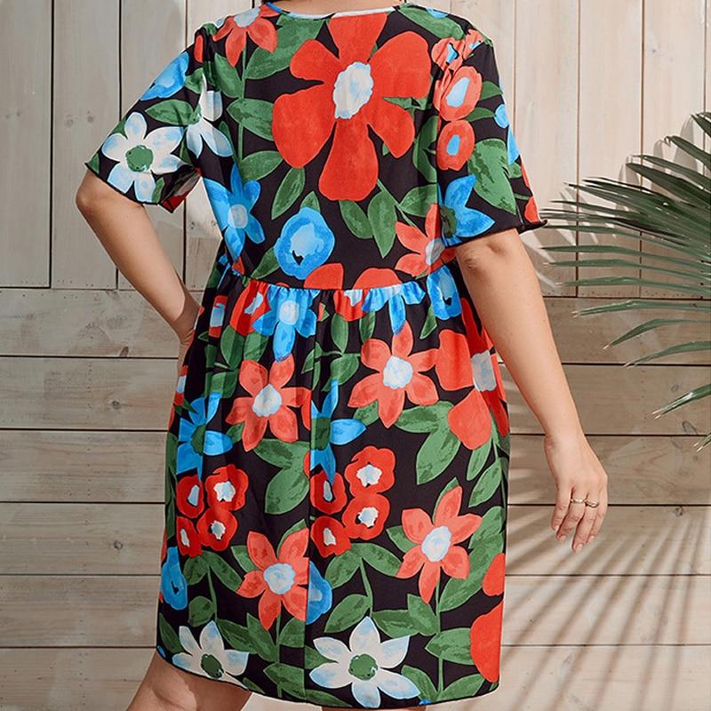 Letní šaty s krátkým rukávem a výstřihem do V Volné šaty Sladké rostlinné květiny Šaty s potiskem Ležérní Plisované šaty Velké velikosti Dámské Oblečení 28060