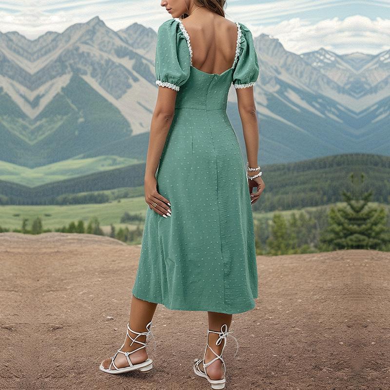 Letnia sukienka damska z koronkowymi wstawkami, sukienki z kwadratowym dekoltem i rozcięciem, sukienki A-line