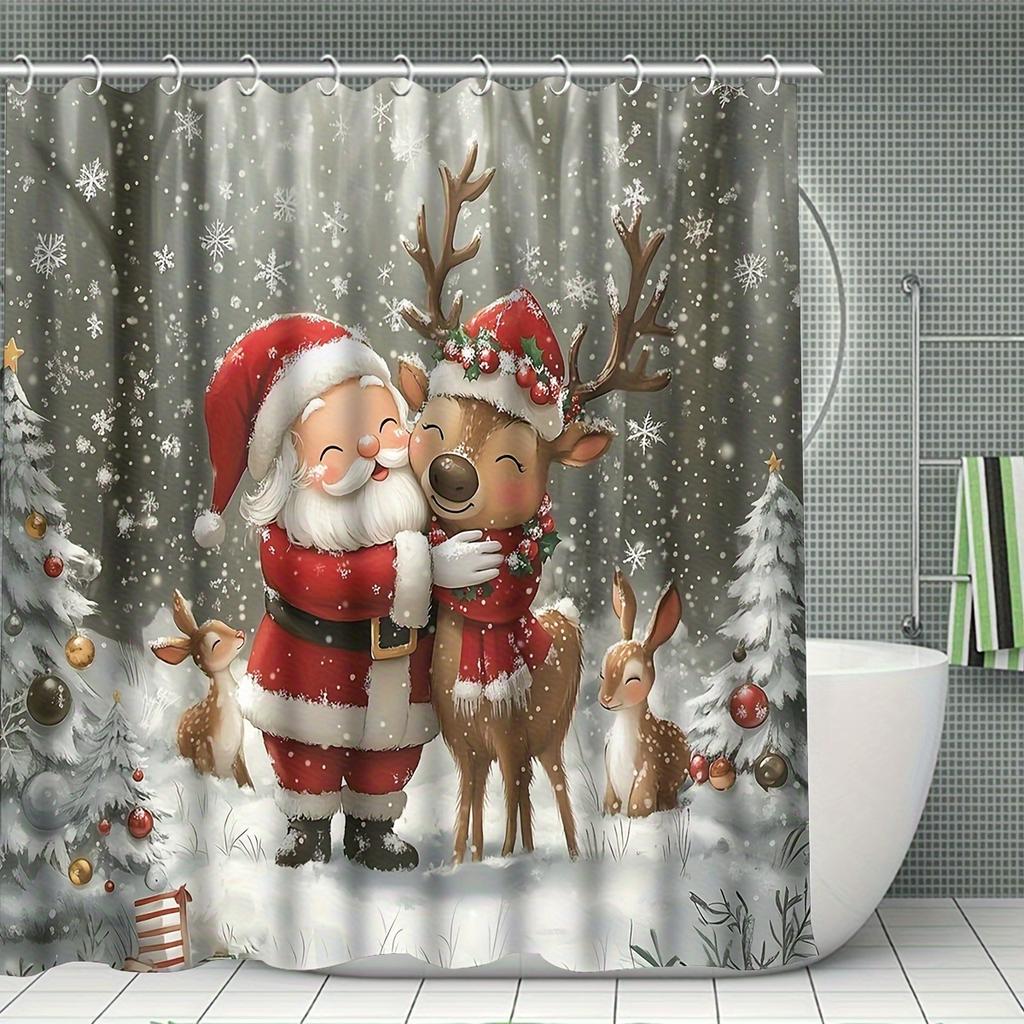 4-teiliges Badezimmer-Duschvorhang-Set Rot Weihnachten Weihnachtsmann Muster Badezimmer-Vorhang mit 12 Haken Rutschfeste Teppiche Toilettendeckelmatte Badezimmer-Trennwand