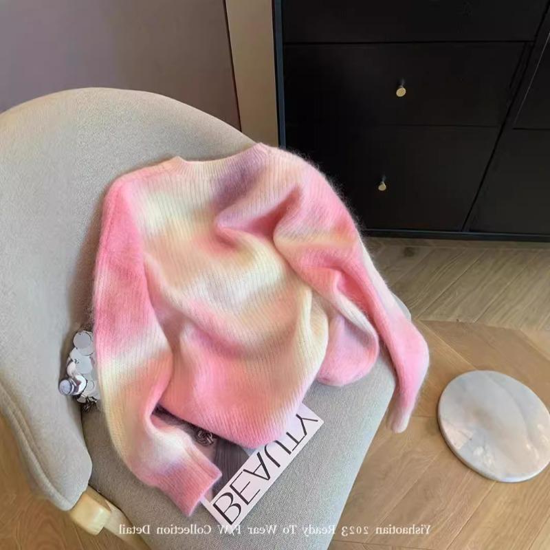 Pink Gradual Change Tie-dye Soft Waxy Mohair Sweater Women's Autumn New Gentle Small Knitted Sweater