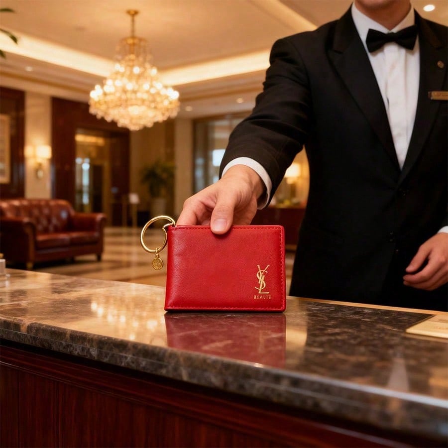 Roter Lederkartenhalter mit Schlüsselring, ein modischer Halter für Kreditkarten und Ausweise, geeignet für Frauen