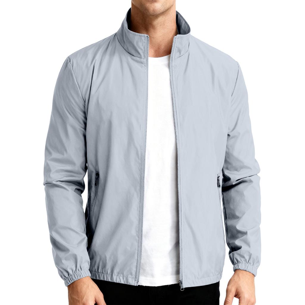 Lightweight Stand Collar Windbreaker Jacket for Men with Zipper Closure and Elastic Cuffs Casual Outerwear for Spring Fall