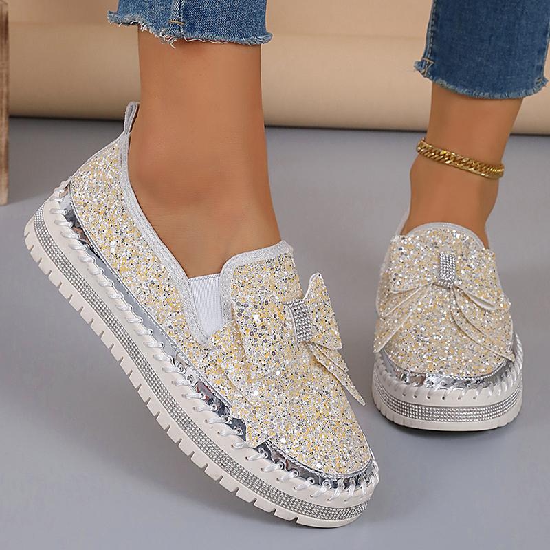 Fashion Women's Gold Silver Bowtie Sequin Flats Shiny Crystal Thick Sole Platform Loafers Ladies Light Comfort Non Slip Casual Shoes