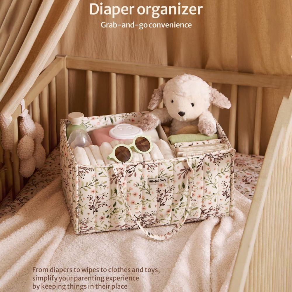 Floral Print Baby Diaper Organizer Bag Folding Large Capacity Diaper Caddies with Handle Mommy Bag for Travel Baby Essentials