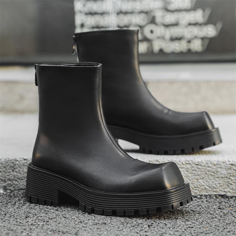 Fashion Men's Trendy Chunky Boots Mens Leather Short Ankle Chelsea Boot Fashion Square toe Thick Sole Heightened Shoes for Men