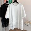 Dimanaf 2025 Women Summer Loose Plus Size T-Shirt Short Sleeves Cotton Vintage Lace Tops Tees Solid