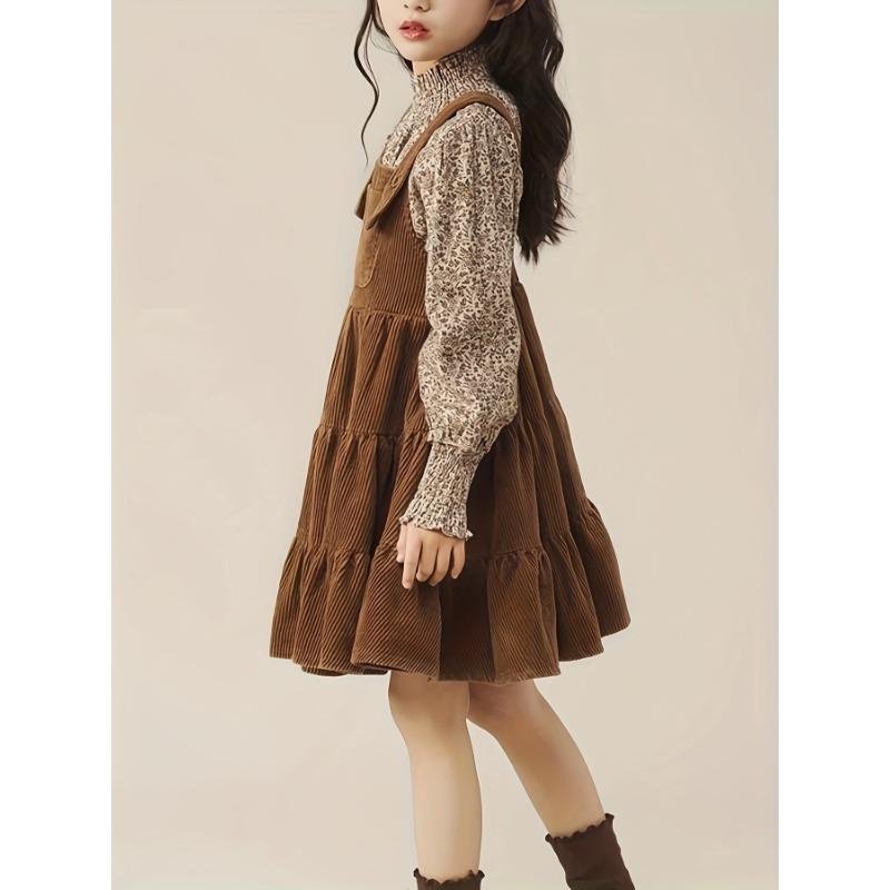 New Girls' Vintage Floral Print Two-Piece Set - Brown & White Long Sleeve Dress with Ruffled Hem, Button-Up Front, and Matching Pockets