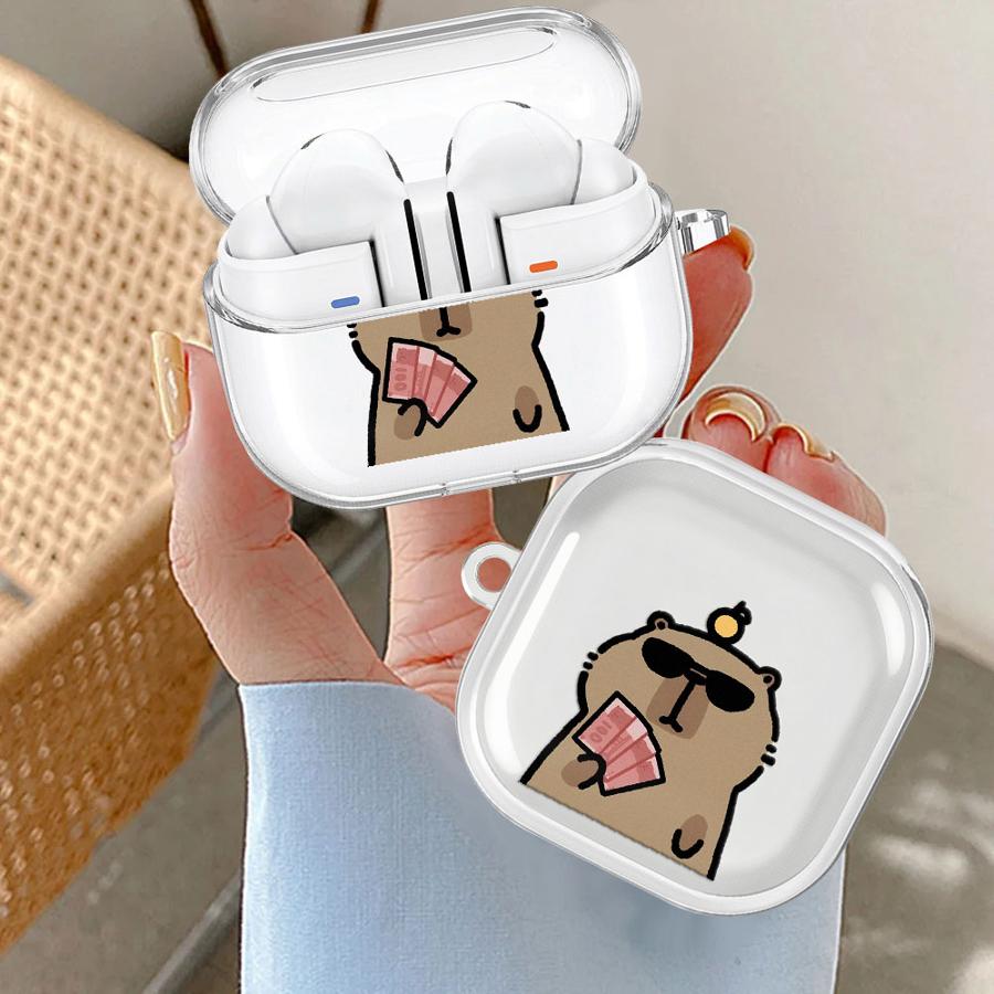 Clear Earphone Cases Cover With Hook Case For Samsung Galaxy Buds 3Pro 3 FE 4 Pro 4Pro Live 2Pro 2 Cute Capybara Cartoon