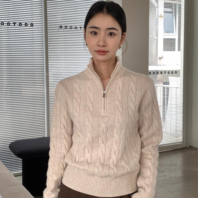 Women's High Neck Twisted Cashmere Sweater 2024: Retro Half-Zip Knitwear, Thickened Wool, Autumn/Winter Collection