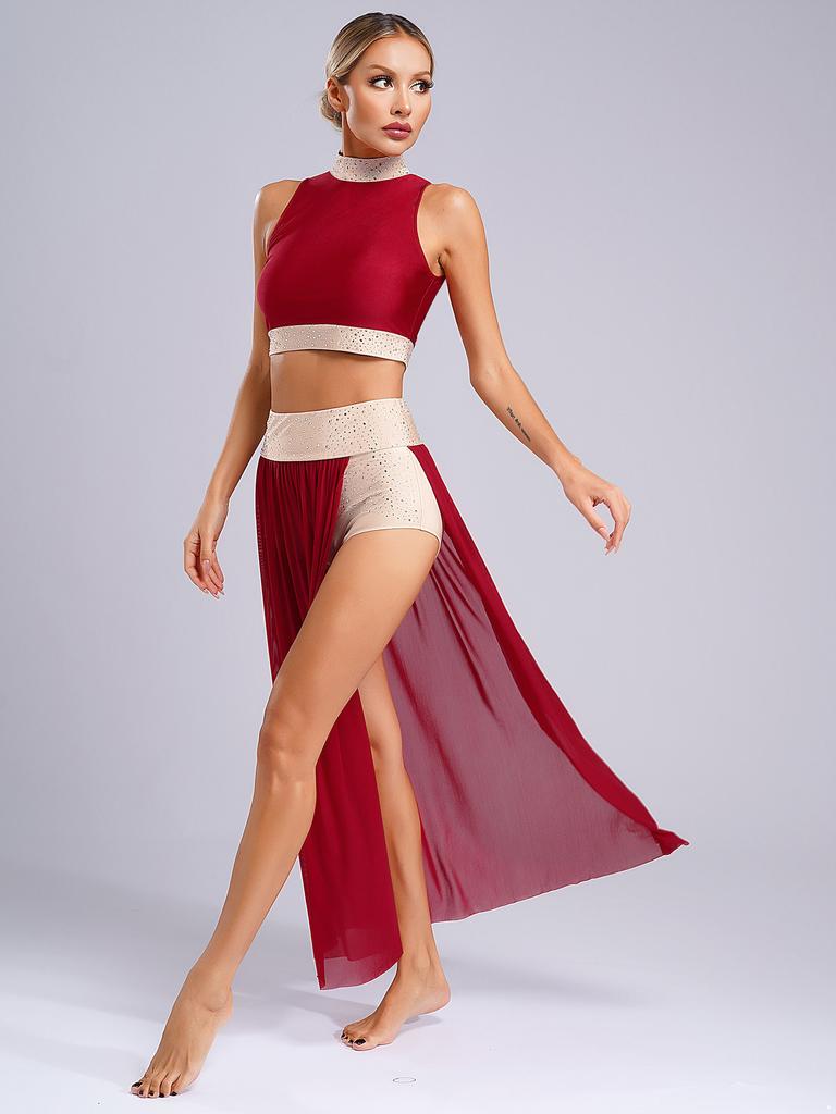 Women 2pcs Cutout Dancewear Ballroom Modern Lyrical Dance Skating Stage Performance Long Dress Side Split Skirt Maxi Dresses