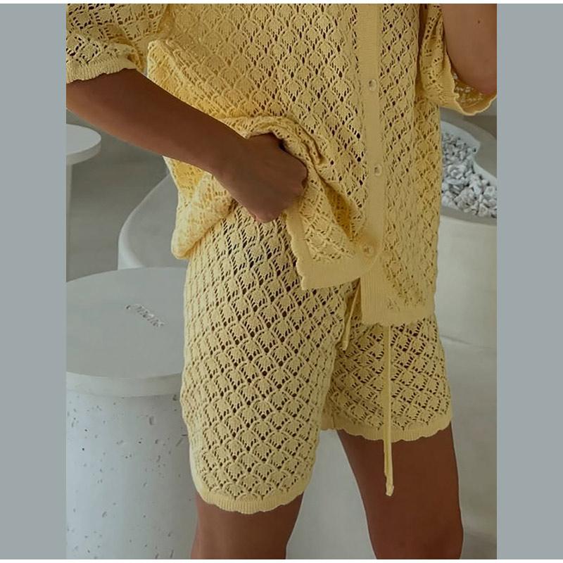 Women's Knitted Hollow Cardigan Shorts Set for Summer New Style Casual Loose Fit Solid Color Versatile Daily Commuting Women's Knitted Set