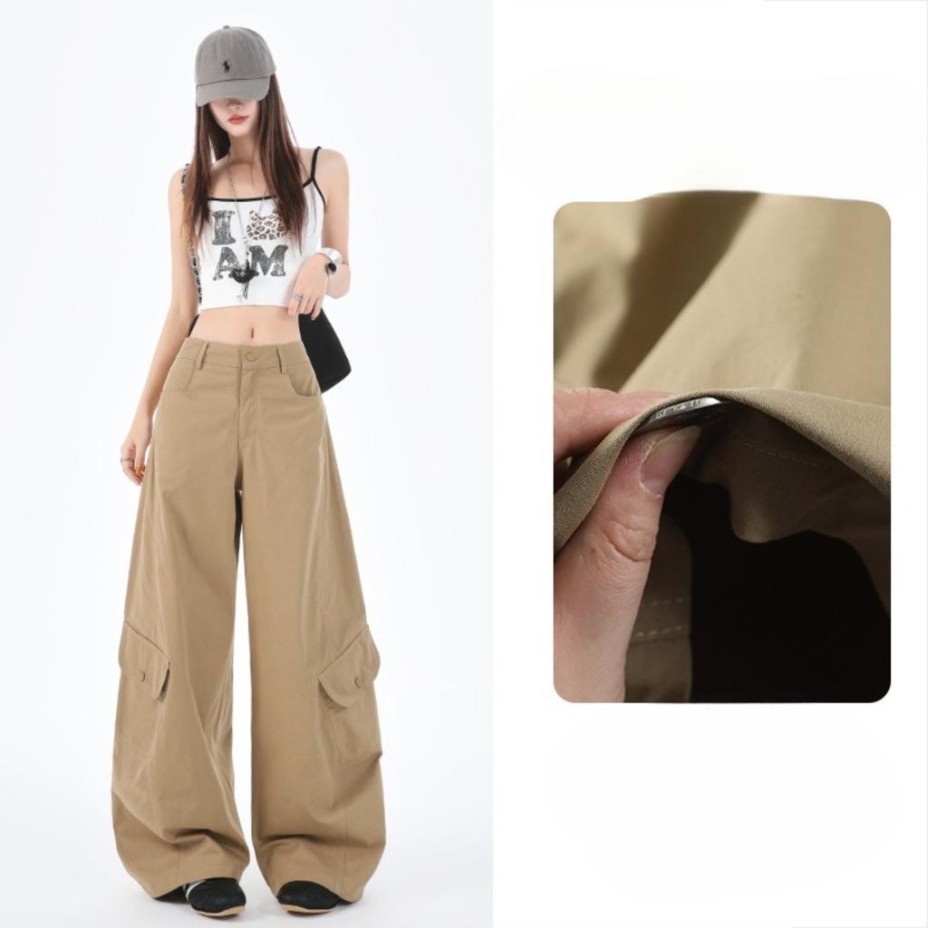 Women's High Waist Loose Fit Wide Leg Long Pants Multi Pocket Cargo Pants Bottoms