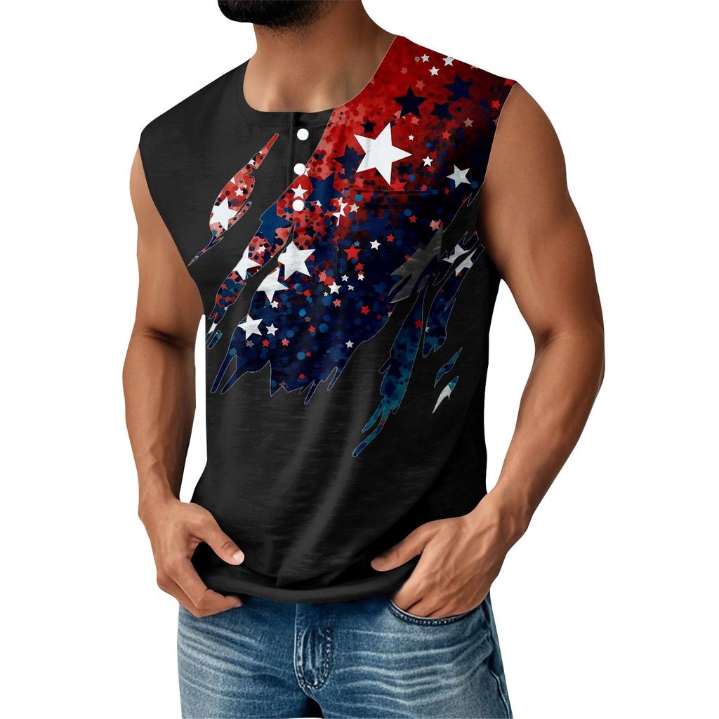 Men's Summer Independence Day Printed Sports Button Pocket Sleeveless Tank Top
