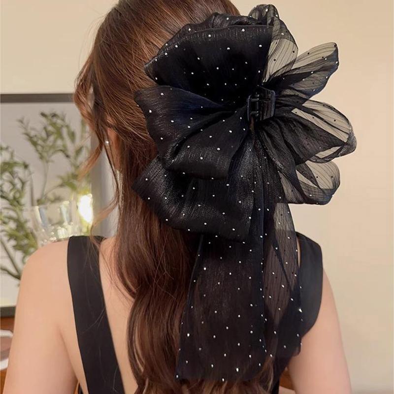 Korean Style Fashion Large Bow Ribbon Hair Claw Super Fairy Temperament Glitter Rhinestone Hair Clip Girl Sweet Hair Accessories