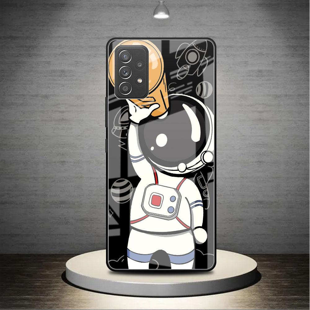 Cute Astronaut Glass Case For Samsung Galaxy A52 A71 A50 A51 A70 A21s A31 A72 A10 A12 A30 A22 5G Phone Cover