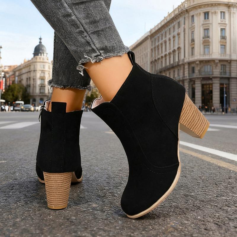 Autumn and Winter New Round Toe Solid Color High Heel Short Tube Side Zipper Fashion Boots Women