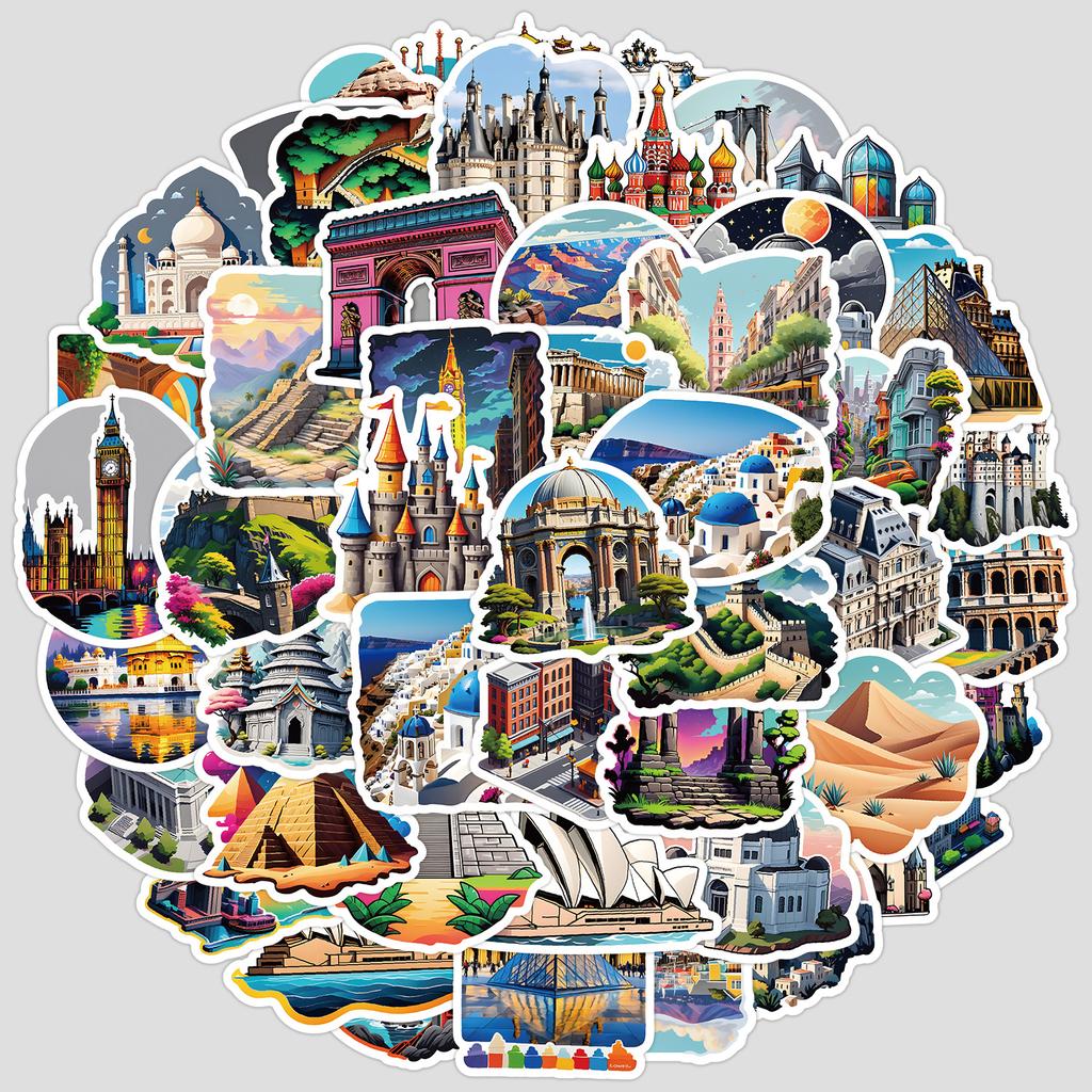 50 Famous Landmark Building Graffiti Stickers, Water Cup, Computer Waterproof Decorative Stickers, Creative DIY Stationery Stickers