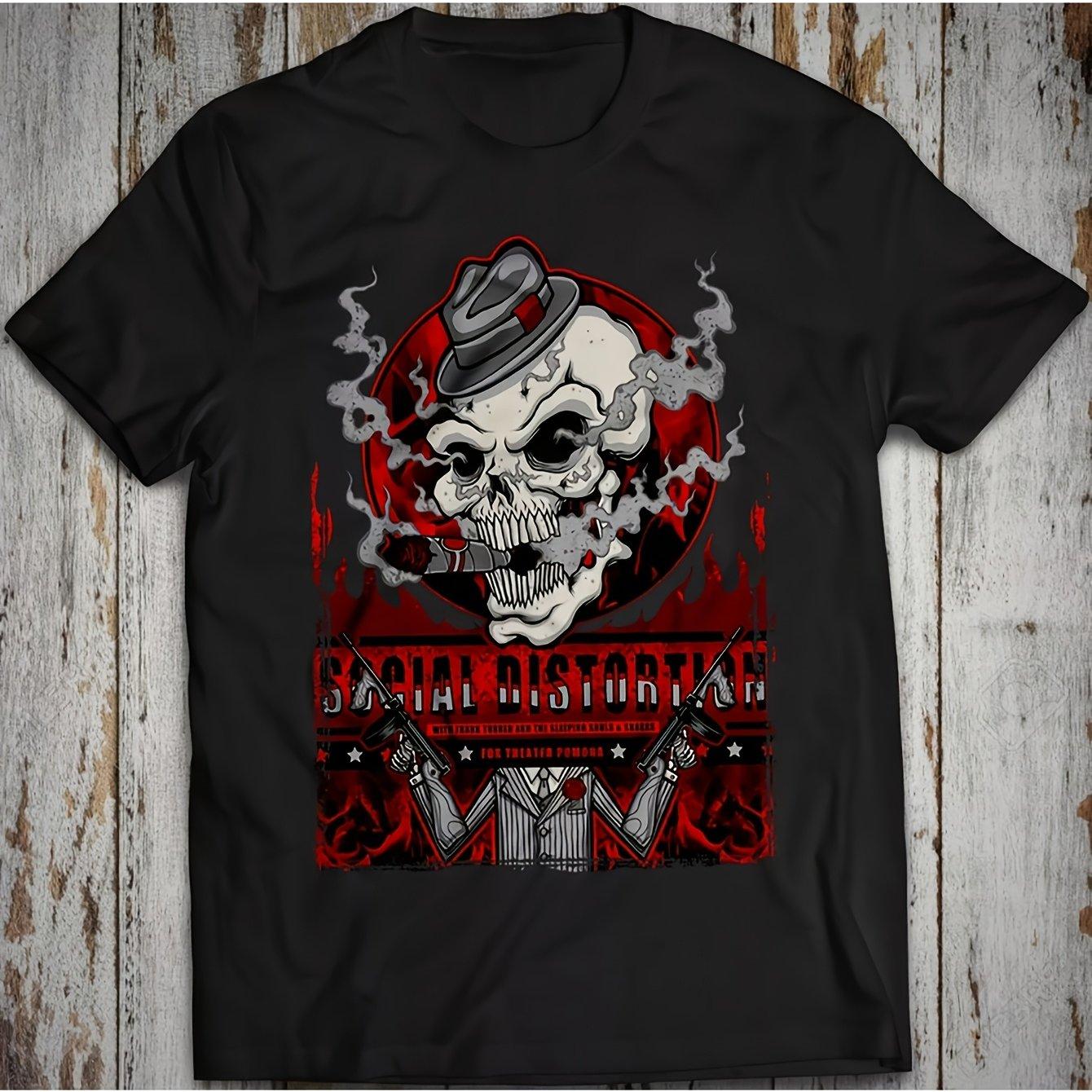 

Мужская хлопковая футболка в винтажном стиле Social Distortion Мягкая эластичная черная футболка с графикой черепа Яркие красные акценты Повседневная уличная одежда 4XL