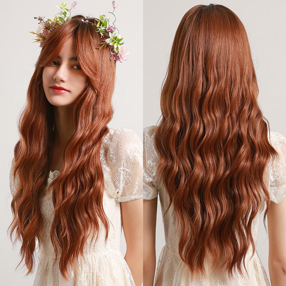 EASIHAIR Dlouhé tmavě hnědé vodní vlny syntetické paruky pro ženy Paruky z přírodních vlasů s dlouhou ofinou Denní paruky tepelně odolné cosplay