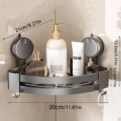 Easy-Install Aluminum Corner Shelf with Suction Cups No Drilling Required Includes Hooks Trash Rack for Bathroom Organization