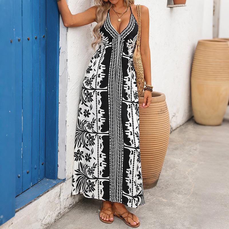 Spring and summer new holiday style suspender dress European and American ethnic bohemian long dress women S белый