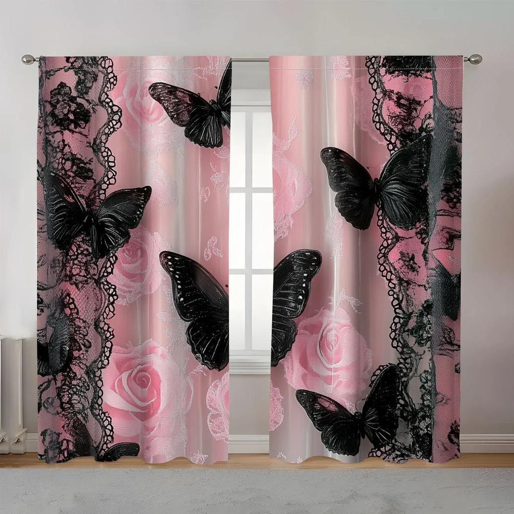 Pink Floral Black Butterfly Printed Curtains Pole Bag Home Decoration Room Curtain Elegant Made Of Polyester Washable