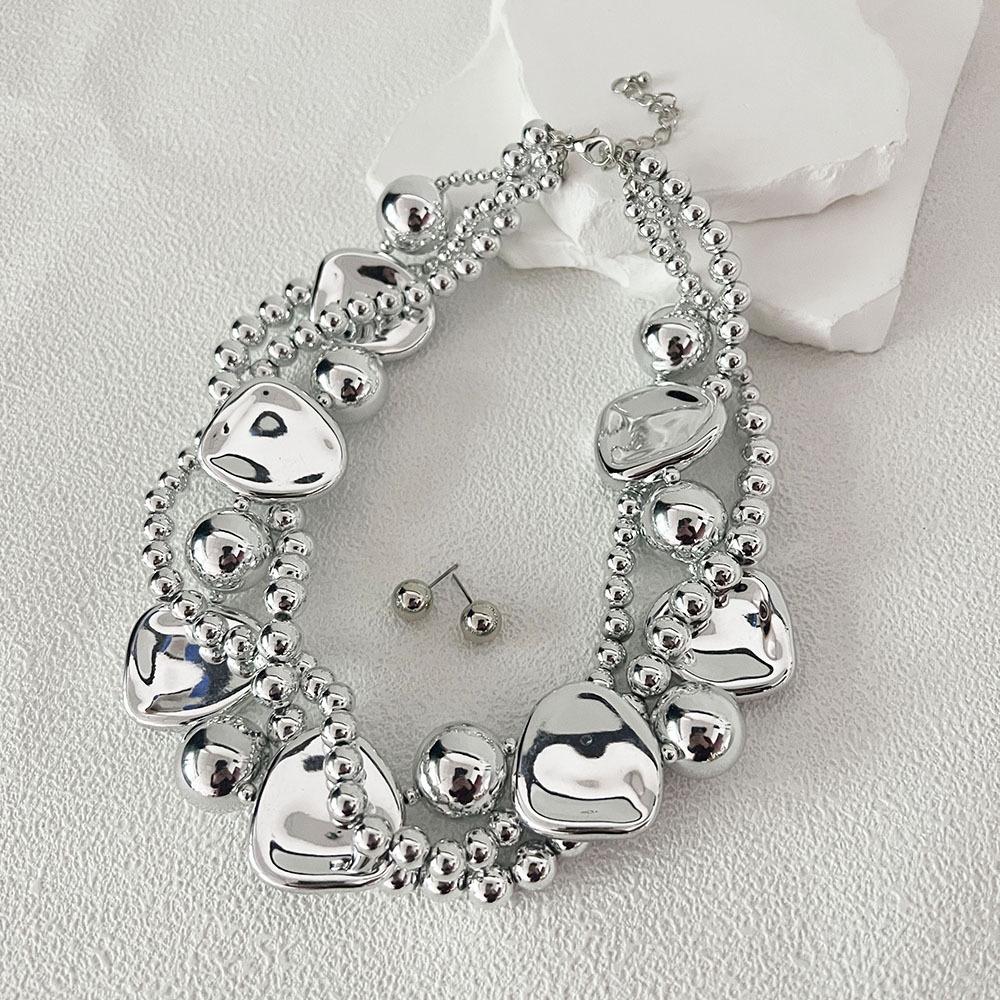 European-American Geometric Necklace & Earring Set - French Retro Style with Pearls for Formal Wear