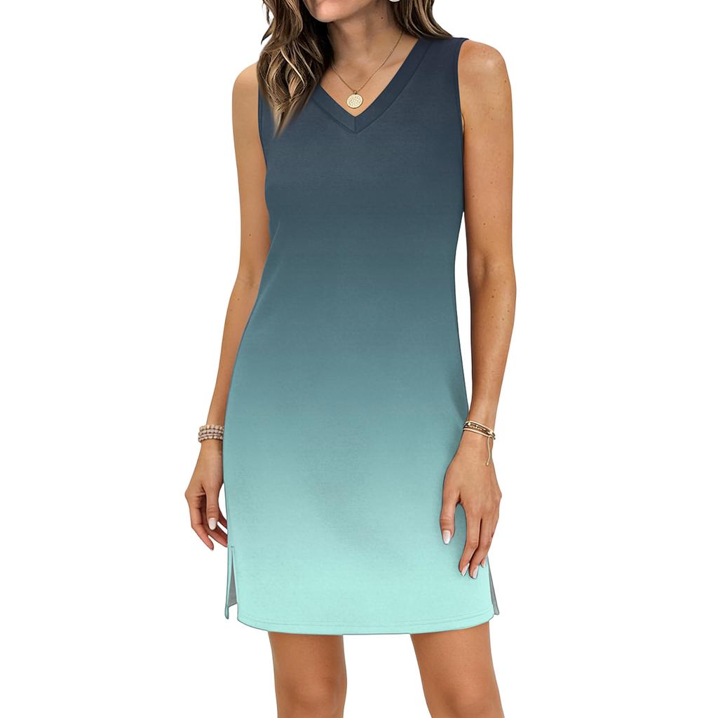 Women's Casual V-neck Sleeveless Split Hem Gradient Dress