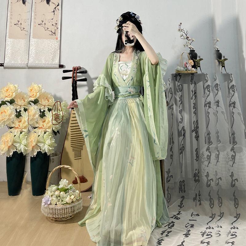 Chinese Wei And Jin Dynasties Style Hanfu Female Fairy Embroidery Full Set With Waist-length Sleeves
