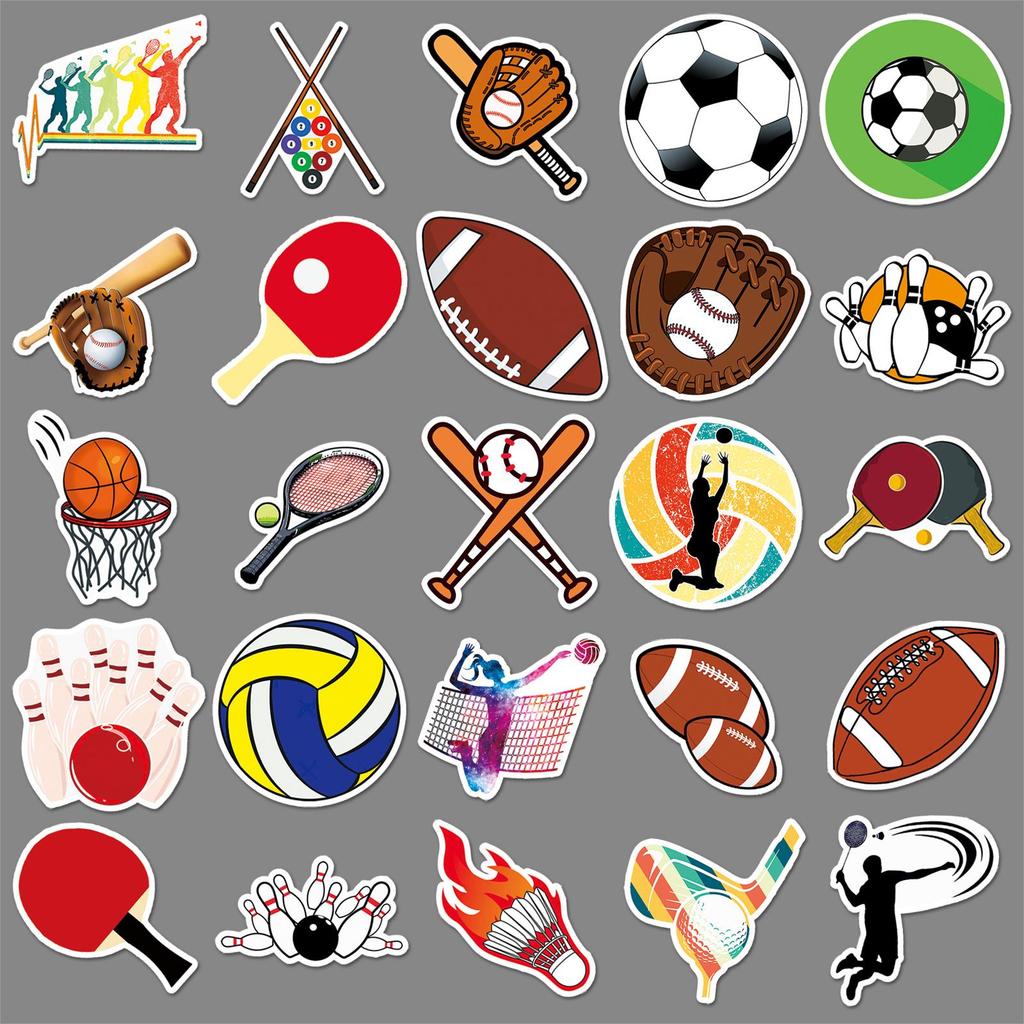 50 Mixed Sports Stickers: Volleyball, Rugby, Skateboarding - Waterproof for Suitcases
