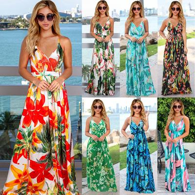 Women Fashion Floral Print Open Back Maxi Dress
