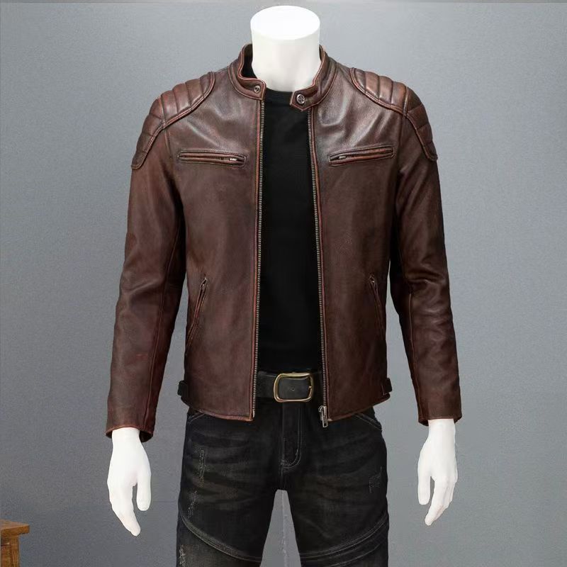 Autumn and winter new cowhide texture leather jacket, men's stand-collar motorcycle jacket, vintage color-block youth men's leather jacket
