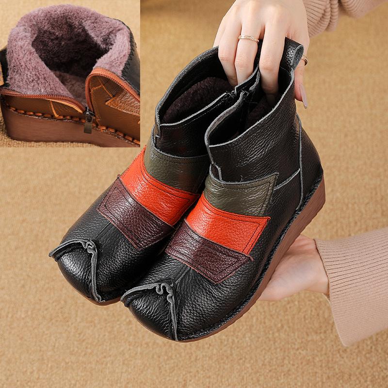 Johnature Ethnic Style Mixed Colors Genuine Leather Wedges Short Boots Warm Comfortable Women's Cotton Shoes