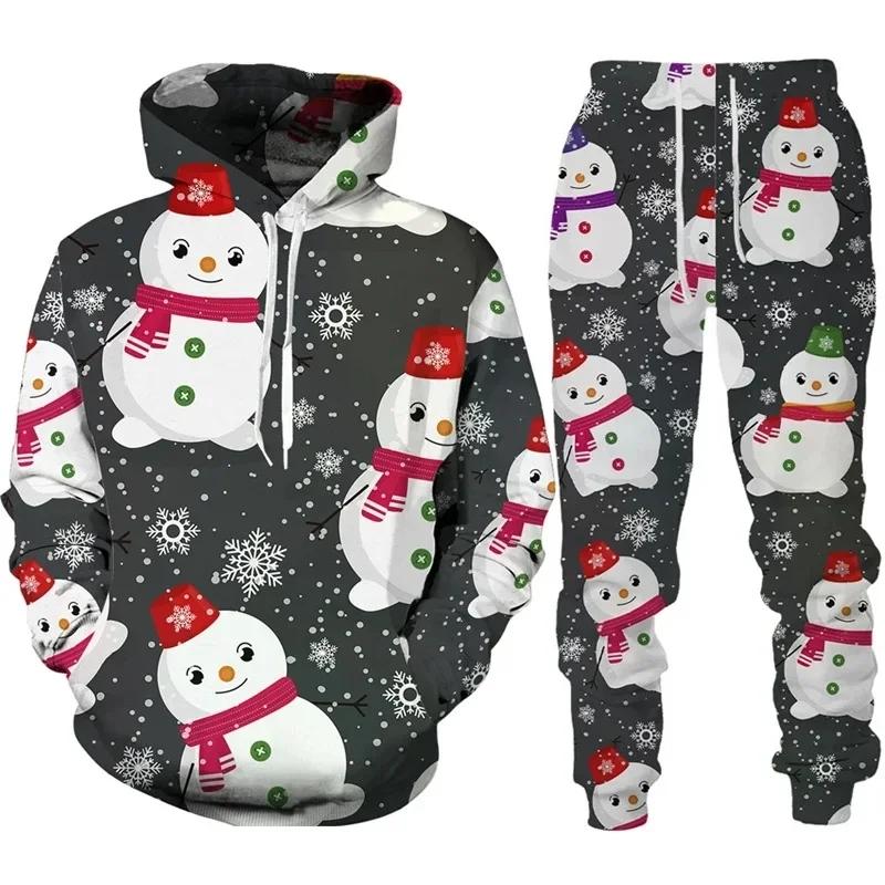 3D Print Hoodies Suit Christmas Santa Claus Man Woman Tracksuit Pants 2pcs Sets New Year Holiday Party Casual Pullover Oversized