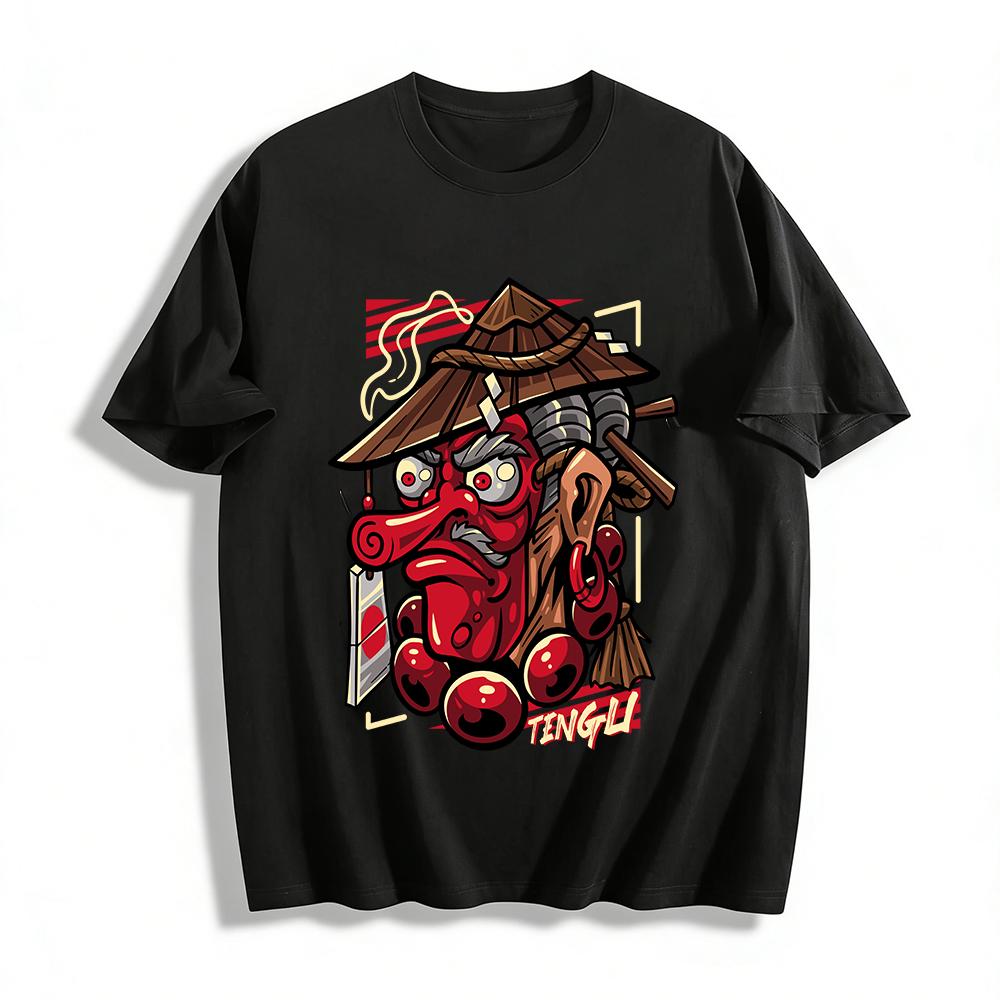 Japanese Tengu Trendy Print Top Retro Ukiyo-e Culture Casual T-shirt Pure cotton T-shirt XXS