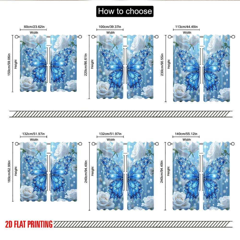 Set Of 2 Flat Printing Scene Curtains Diamond Butterfly Blue Roses Digital Printed Polyester Drapes Holiday Decorations Curtain