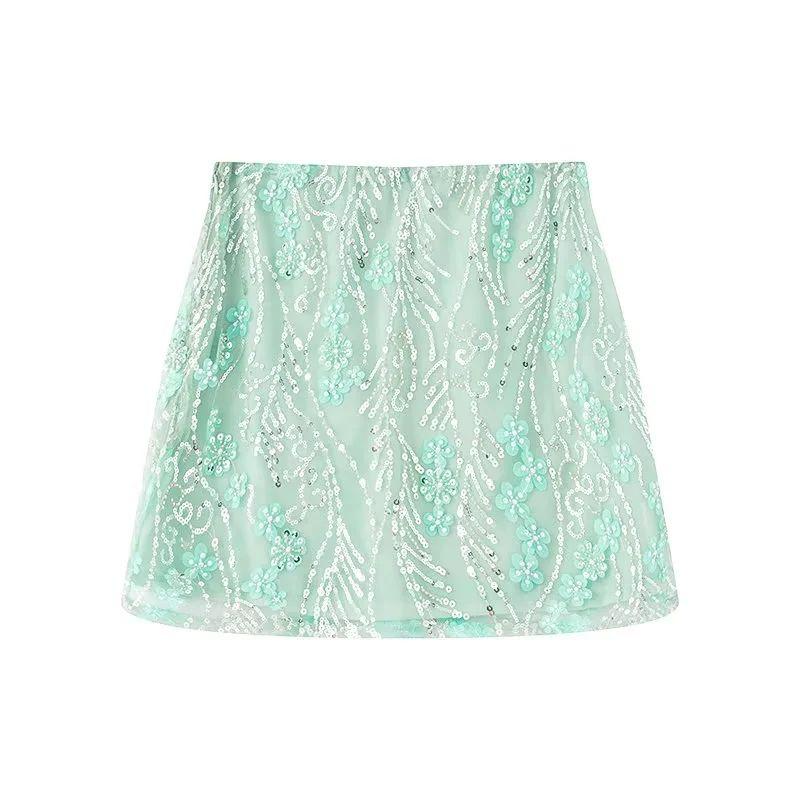 

Sunset Ran Xingchen Beach Holiday Atmosphere Sexy Sexy Sequin Embroider Flower Mesh Sheath Skirt Mint Green L
