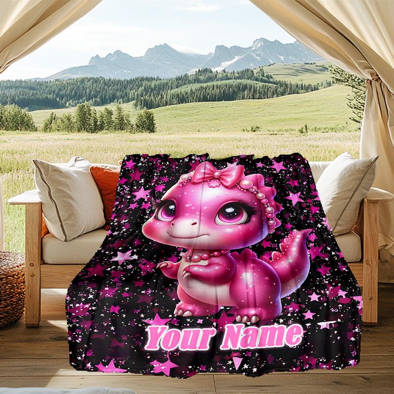 1PC Custom Name Pink Dinosaur Sparkle outdooor Flannel blankets Patterns Throw Blanket All-Season Soft Gift for Couch, Bed, Camping gifts
