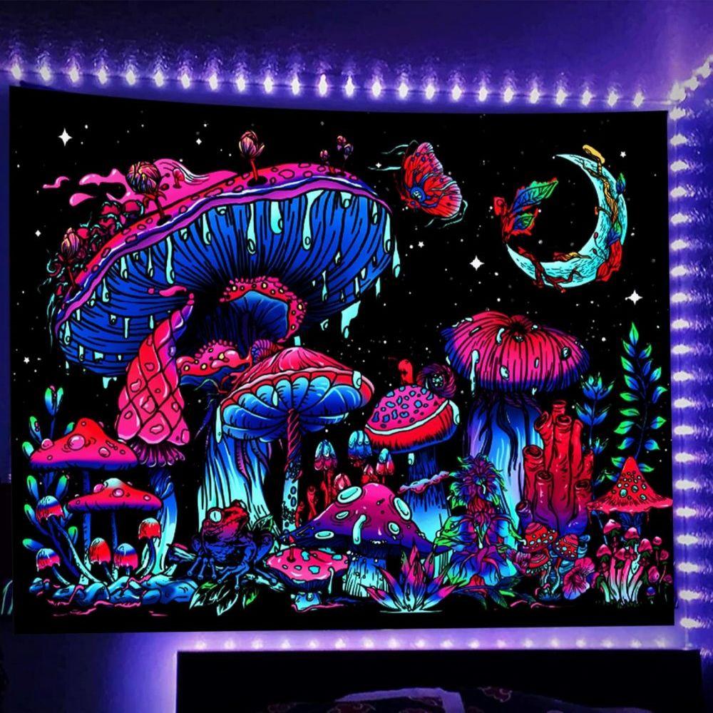 Fluorescent Psychedelic Mushroom Tapestry Neon Starry Sky Dark Style Wall Hanging for Bedroom Dorm Decor