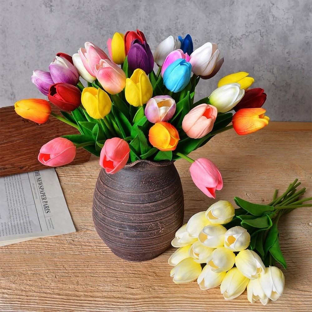 6 Stück Neue Plastik-Tulpen mit Echt-Touch 34*3cm 10 Farben Simulationsblumen-Dekoration Tisch Haus Hochzeit Dekor Heimdeko