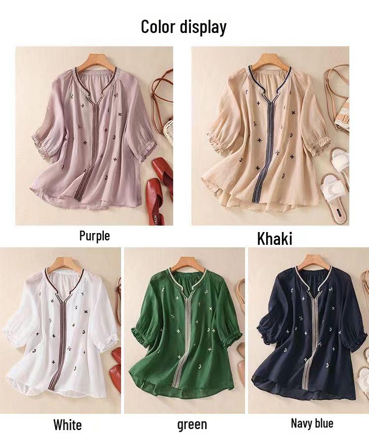 Cămașă Retro din Bumbac-In cu Mâneci Medii și Gât în V Brodată - Casuală, Slim și care Reduce Vârsta