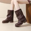 2025 New Western Style Women's Cowboy Boots Folded Mid-Calf Retro Color Rubbing Thick Heel Fashion Cuff Boots