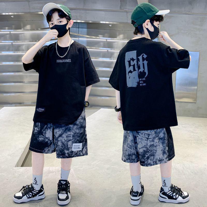 Boys  Summer Tie-Dye Shorts & T-Shirt Set - 2026 Trendy Korean Style with Letter Print 150 cm