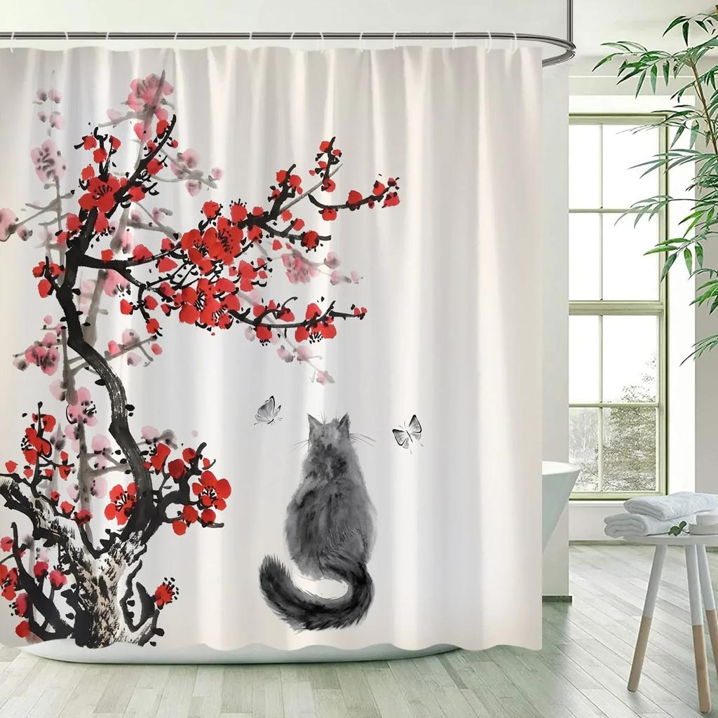 Flower Bird Scenery Shower Curtains Green Bamboo Red Floral Mountain Ink Landscape Bath Curtain Fabric Bathroom Decor with Hooks