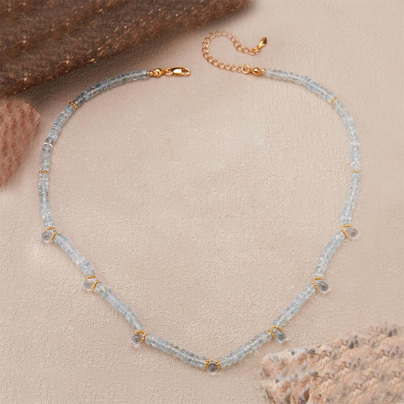 Natural Gemstone Beaded Aquamarine Necklace Women'S S925 Sterling Silver Colored Jewelry Collarbone Chain Earrings