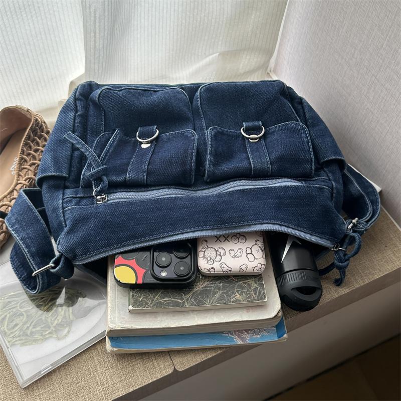 Denim Crossbody Bag Multi Pocket Shoulder Handbag with Adjustable Strap