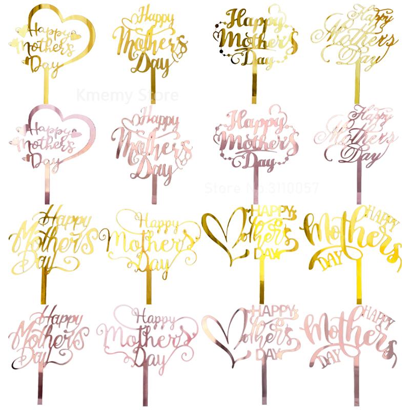 10PCS Happy Mother's Day Acrylic Cake Toppers Art Fonts Design Gold Rosegold Love Heart Cupcake Toppers Flag Party Decoration