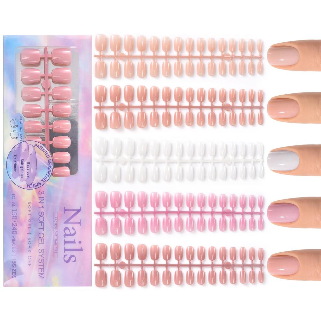 150pcs 3-IN-1 Press On Nails Nude Color Wearable Fake Nail Tips Full Cover Artificial Fingernails Almond Ballet Nail Extensions