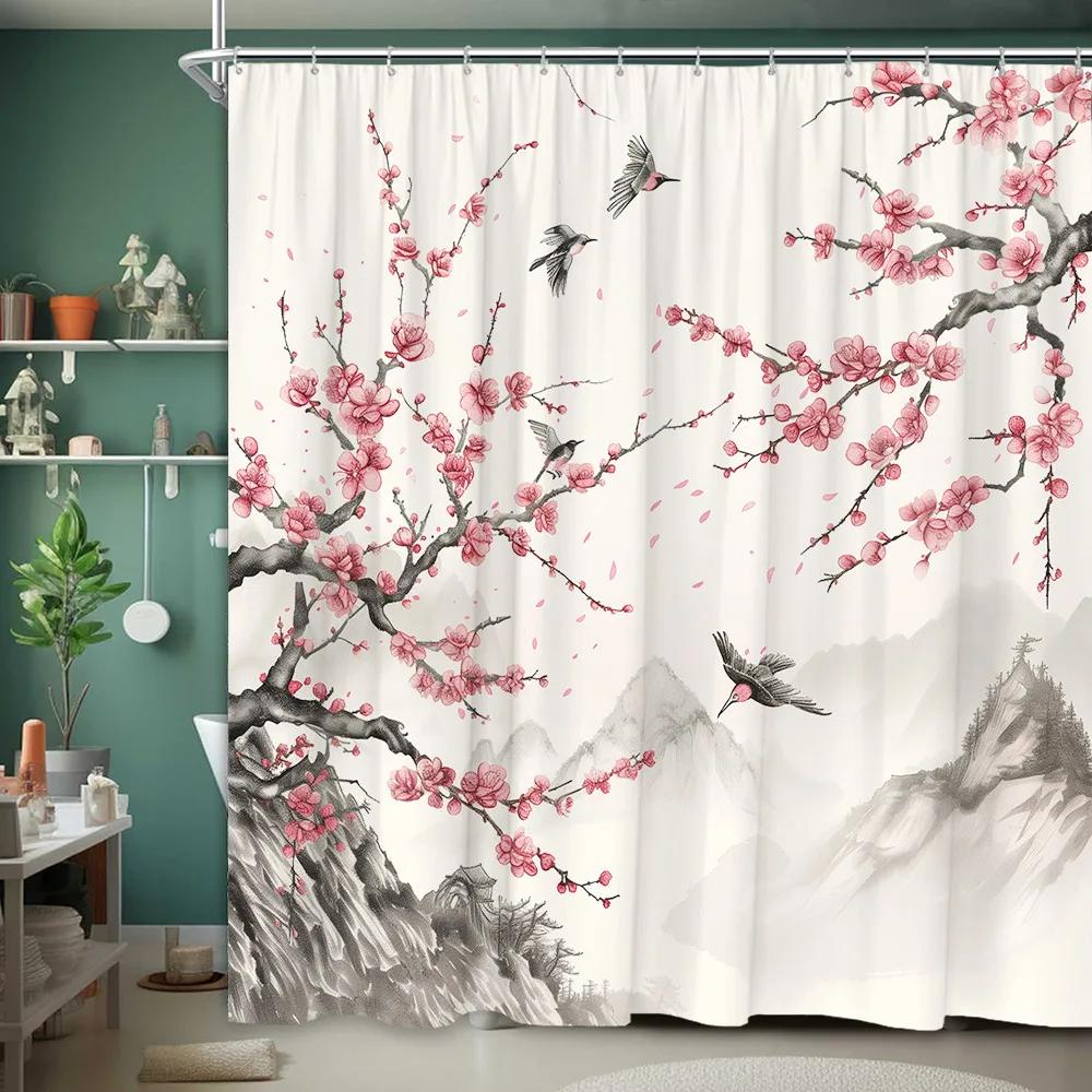 Asian Scenery Shower Curtain Koi Cherry Blossom Vintage Bird Lotus Mountain Ink Painting Polyester Fabric Bathroom Decor Curtain