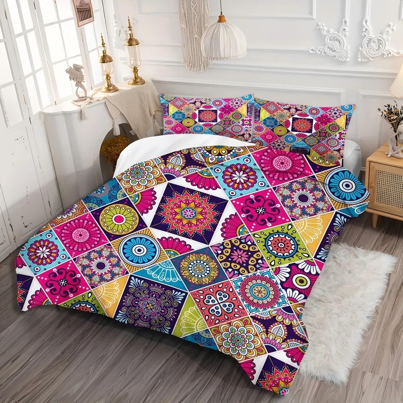 

Mandala Pattern Grid 3D Printed Duvet Cover Set Bohemian Style Bedding Set Soft Comfortable Polyester Quilt Cover Set Pillowcase 135x200cm 2pcs